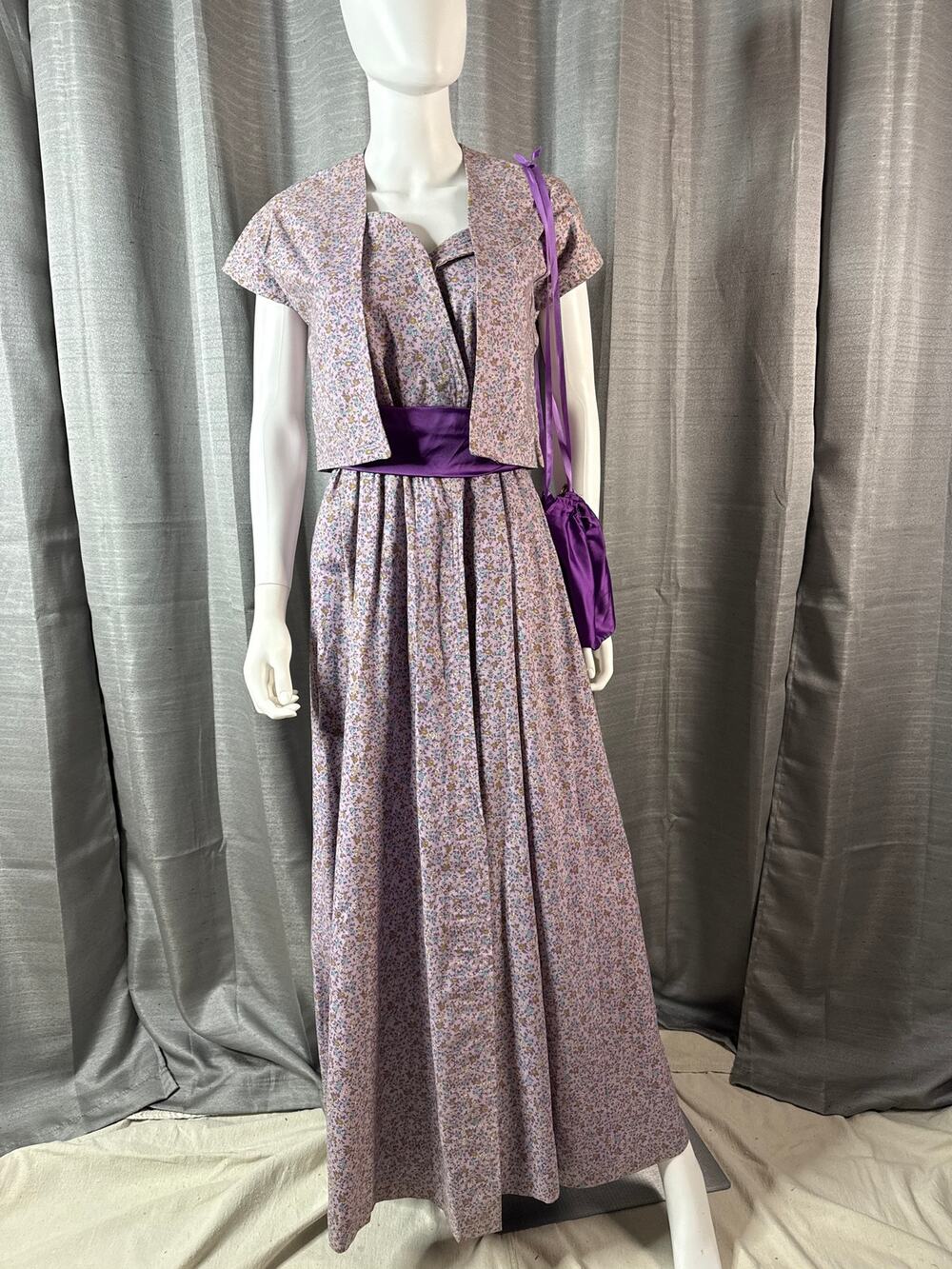 Vintage 70s Handmade Gunny Style Lavender Calico Long Dress/Bolero/Purse Sz XS